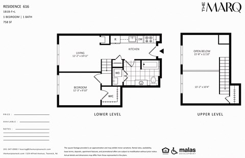 A floor plan for a residence with two levels, a living room, a kitchen, a dining area, two bedrooms, and a bathroom.